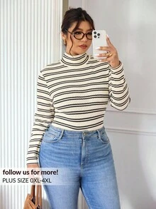 Lounesse Camiseta de punto de cuello alto ajustada de talla grande de color liso acanalado