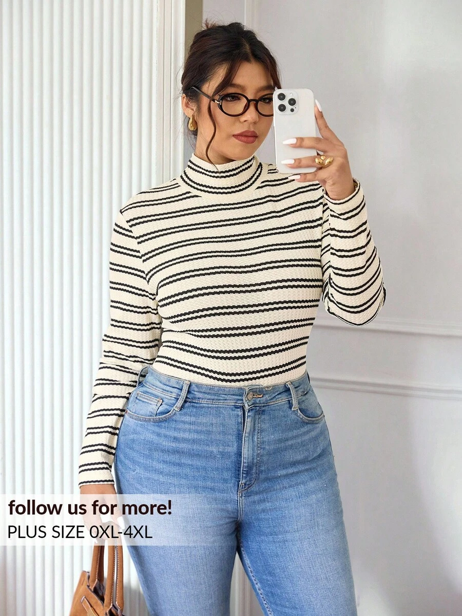 Lounesse Camiseta de punto de cuello alto ajustada de talla grande de color liso acanalado