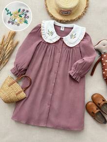 Blossori Young Girls' French Elegant Color-Blocking Embroidered Collar Pink Long Sleeve Dress - Multicolor - View 3