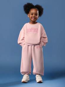 SUMWON Tween Girls Boston Print Hoodie Sweatpants Co-Ord Set Oversized Casual Wear Pink Matching Two Piece Outfit With Drawstring Hood - Apricot - View 1