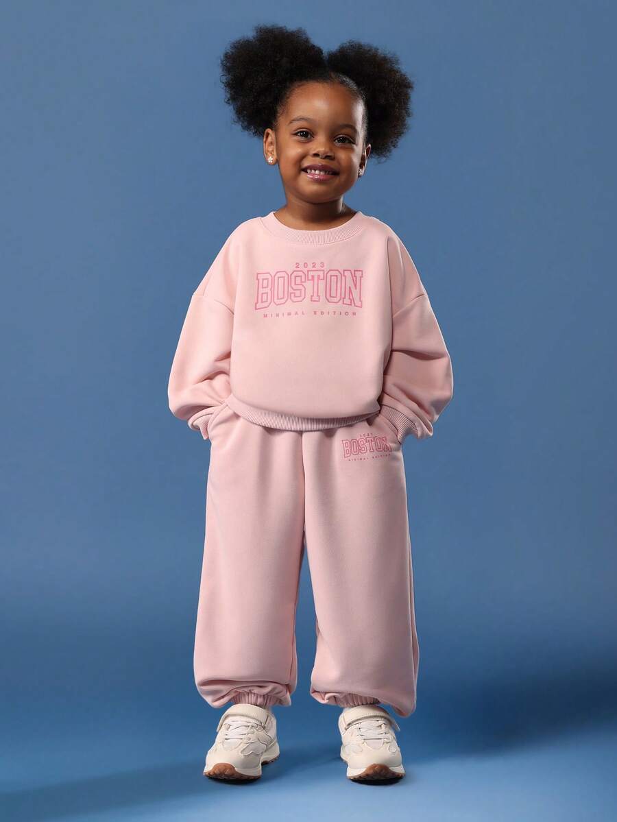 SUMWON Tween Girls Boston Print Hoodie Sweatpants Co-Ord Set Oversized Casual Wear Pink Matching Two Piece Outfit With Drawstring Hood - Apricot - View 1