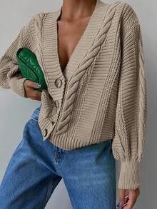 EURMUSE Cable Knit Drop Shoulder Cardigan - Camel - View 4