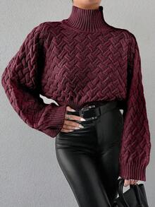 SHEIN Cottnline Women's Solid Color High Neck Cropped Batwing Sleeve Sweater - Burgundy - View 3