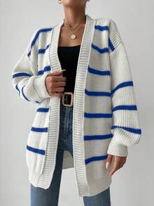 EURMUSE Ladies' Casual Colorblock Striped Cardigan, Autumn - Royal Blue - View 3