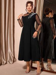 SHEIN Elenzya Đầm dự tiệc tay dài lưới thanh lịch cỡ lớn dành cho nữ - màu đen - Xem 4