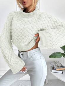 EURMUSE Turtleneck Batwing Sleeve Crop Sweater - White - View 3