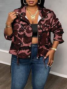 Slaydiva Plus Size Camouflage Print Drawstring Hem Jacket For Dailywear In Fall/Winter - Burgundy - View 4