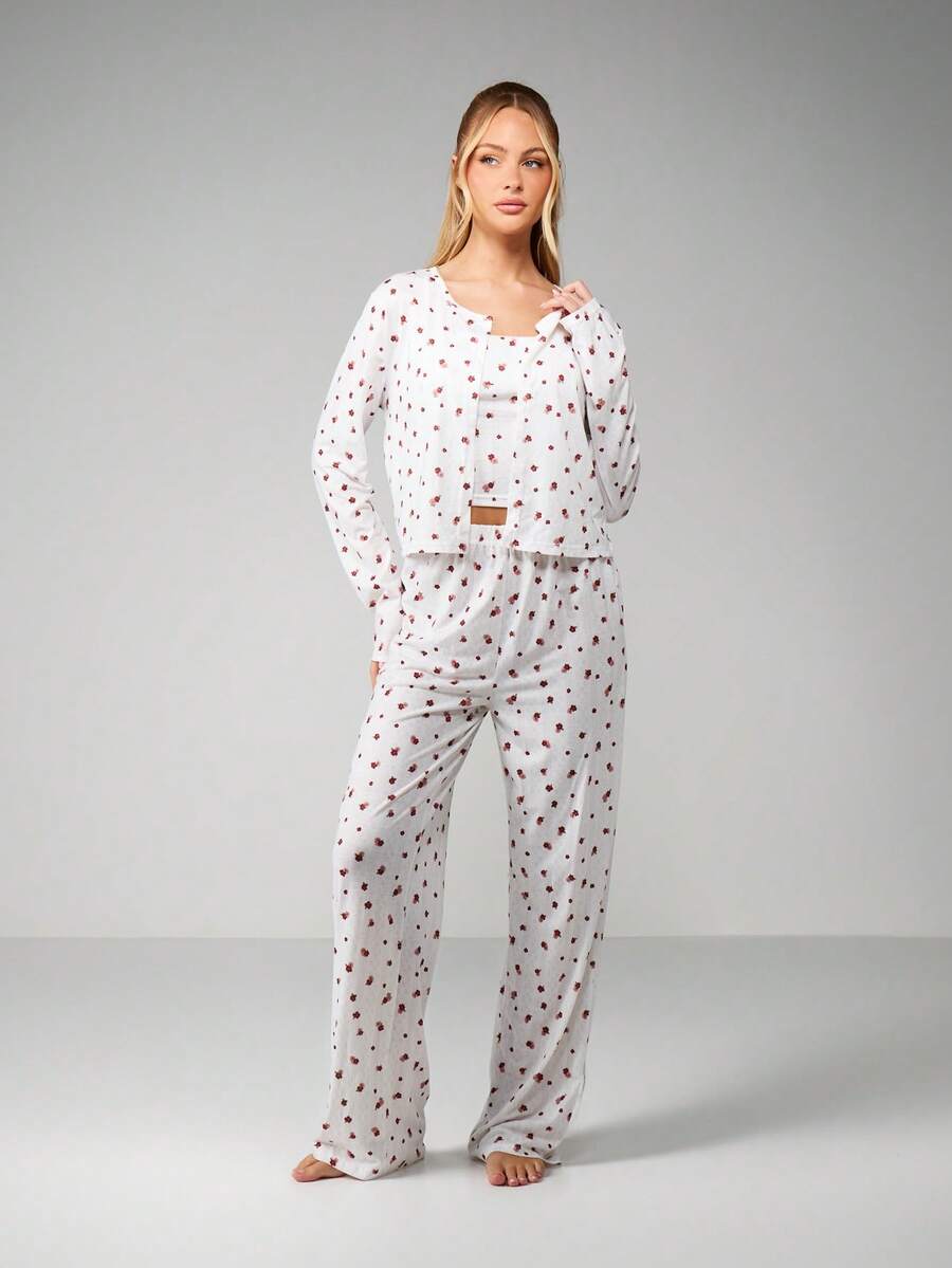 MISSGUIDED Women Lounge Pajama Set With Floral Pattern Long Sleeve Top And Matching Pants For Sleepwear Comfort - White - View 1