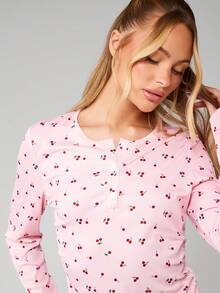 MISSGUIDED 休闲套装樱桃图案长袖上衣抽绳裤舒适睡衣套装睡衣舒适家居服冬季 - 粉色 - 查看 5