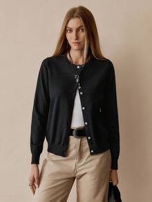 EMERY ROSE Loose Button-Up Round Neck Comfortable Solid Cardigan - Black - View 7