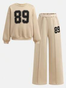 SHEIN Girlism 青少年女孩休闲校园街头风格字母和数字图案圆领运动衫和褶皱阔腿直筒裤针织运动服返校装 - 杏色 - 查看 12