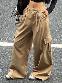 DAZY Women's Casual Solid Color Cargo Wide Leg Sports Pants - Khaki - View 4
