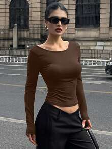 DAZY 女式纯色露背紧身长袖T恤 - 棕色 - 查看 2