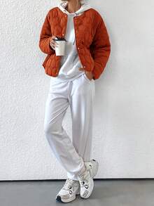 GENKIRA Áo khoác mùa đông cổ tròn hình học giản dị có túi, chất liệu polyfill cách nhiệt tổng hợp, áo khoác mùa đông - Đỏ - Xem 1