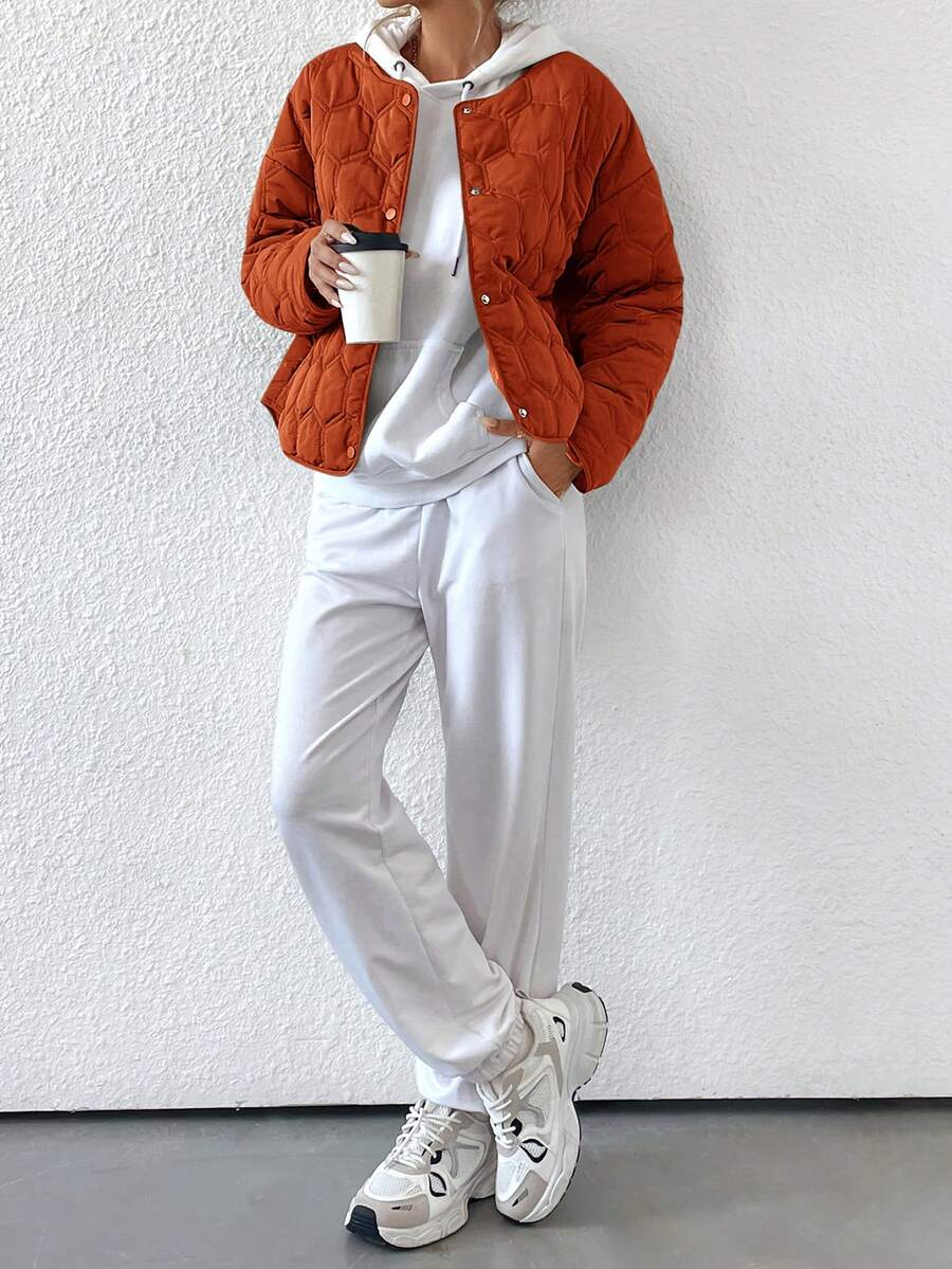 GENKIRA Áo khoác mùa đông cổ tròn hình học giản dị có túi, chất liệu polyfill cách nhiệt tổng hợp, áo khoác mùa đông - Đỏ - Xem 1