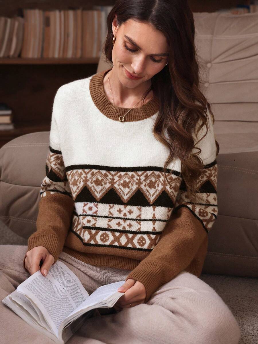 SHEIN Clasi Women's Casual Loose Fit Crew Neck Long Sleeve Jacquard Knit Sweater, Retro Fair Isle Pattern, Autumn/Winter - Camel - View 1
