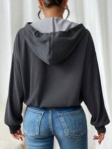 SHEIN Frenchy Women's Patchwork 2 In 1 Corduroy Hooded Jacket Winter,Fall - Dark Grey - View 2