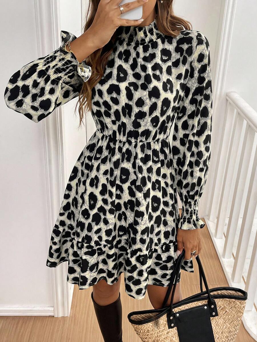 SHEIN Frenchy Women's Casual Leopard Print Ruffle Collar Mini Dress, Autumn Winter Spring - Grey - View 1