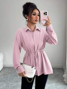 Elenzga Women's Elegant French Office Commute Street Style Utility Shirt, Featuring Shirt Collar, Front Placket, Waist Drawstring, Bowknot , Long Sleeve, Suitable For Spring, Autumn And Winter - Pink - View 3