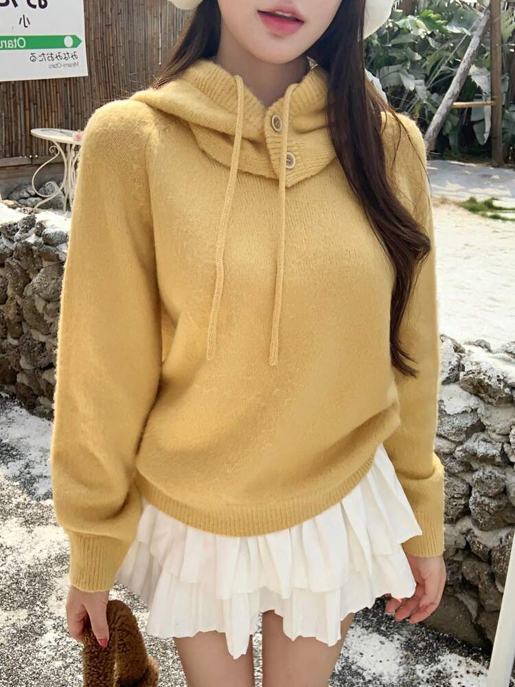 2pcs/Set Women Casual Loose Fit Yellow Hooded Sweater Pullover, Fashion Street Style For Autumn, Winter, New Year, Christmas