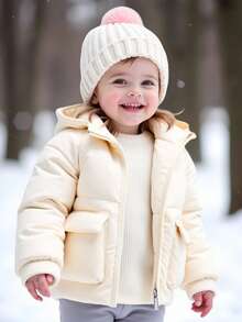 SHEIN Playful Pals Áo khoác mùa đông dày dặn phong cách thường ngày ấm áp có mũ trùm đầu cho bé gái từ 6 tháng đến 3 tuổi - Màu be - Xem 8