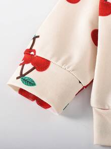 SHEIN 2 件套女婴春秋罗纹领草莓印花运动衫和修身打底裤套装，简约可爱运动休闲装 - 紅色 - 查看 5