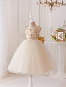 Glamorique Kids Dziewczęca sukienka z satyny z siateczki i cekinów w kolorze szampana, z odkrytymi plecami i kokardą, bez rękawów, kostium na Boże Narodzenie/Halloween, przyjęcie urodzinowe dla dzieci, występ sceniczny, przyjęcie wieczorne, strój do fotografii