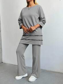 Cloudara Drop Shoulder Sweater & Knit Pants - Light Grey - View 6