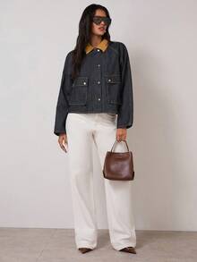 COSMINA Denim 女式休闲时尚撞色翻领口袋牛仔夹克，春秋 - 藏蓝色 - 查看 4