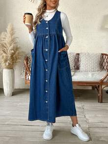 SHEIN 孕妇纯色U领无袖宽肩带褶皱口袋宽松休闲牛仔连衣裙 - 深色水洗藍 - 查看 6