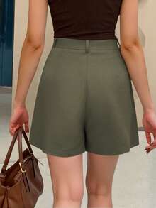 Short de unicolor de estilo casual de verano, versátil y cómodo para el transporte - Verde - Ver 2