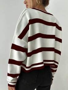 EURMUSE Women Casual Loose Round Neck Striped Sweater, For Autumn And Winter - Burgundy - View 2
