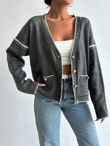 EURMUSE Women Solid Color Deep V-Neck Handmade Stitch Detailed Cardigan - Dark Grey - View 4