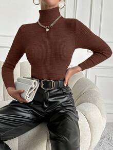 SHEIN Cottnline Women's High Collar Ribbed Long Sleeve Sweater - Coffee Brown - View 6