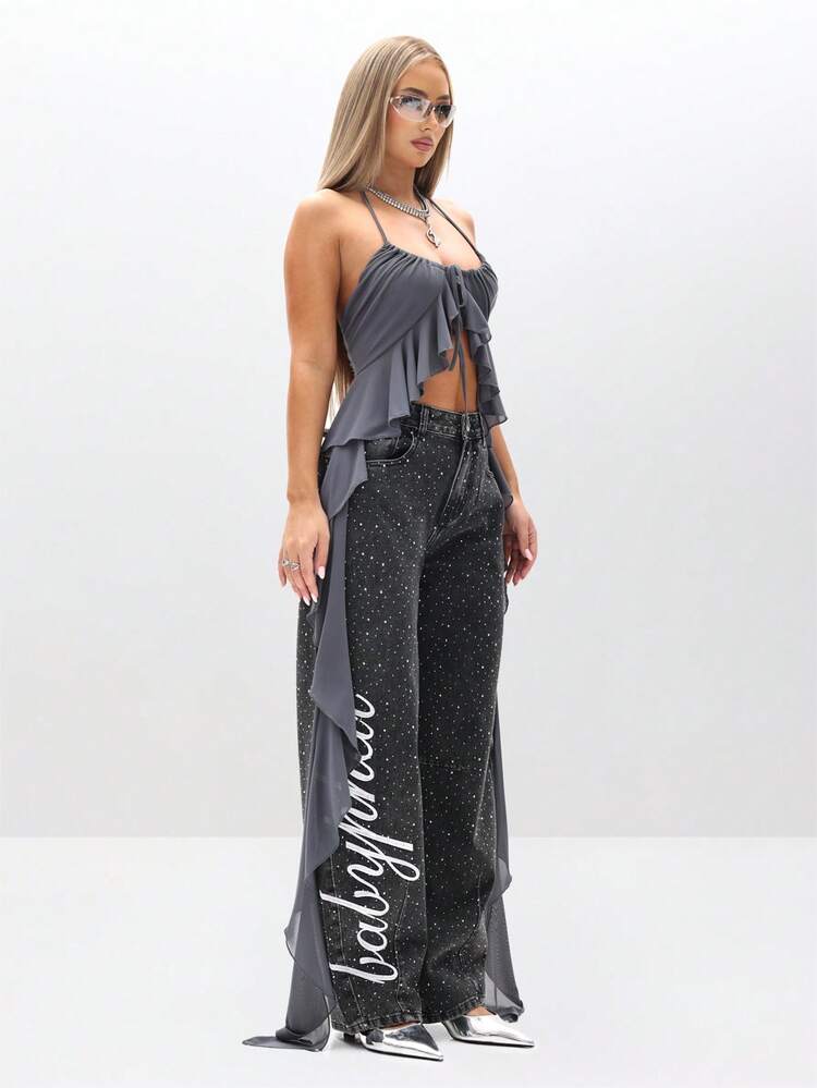 BABYPHAT Rhinestone Studded Wide Leg Barrel Jeans With Side Script Detail