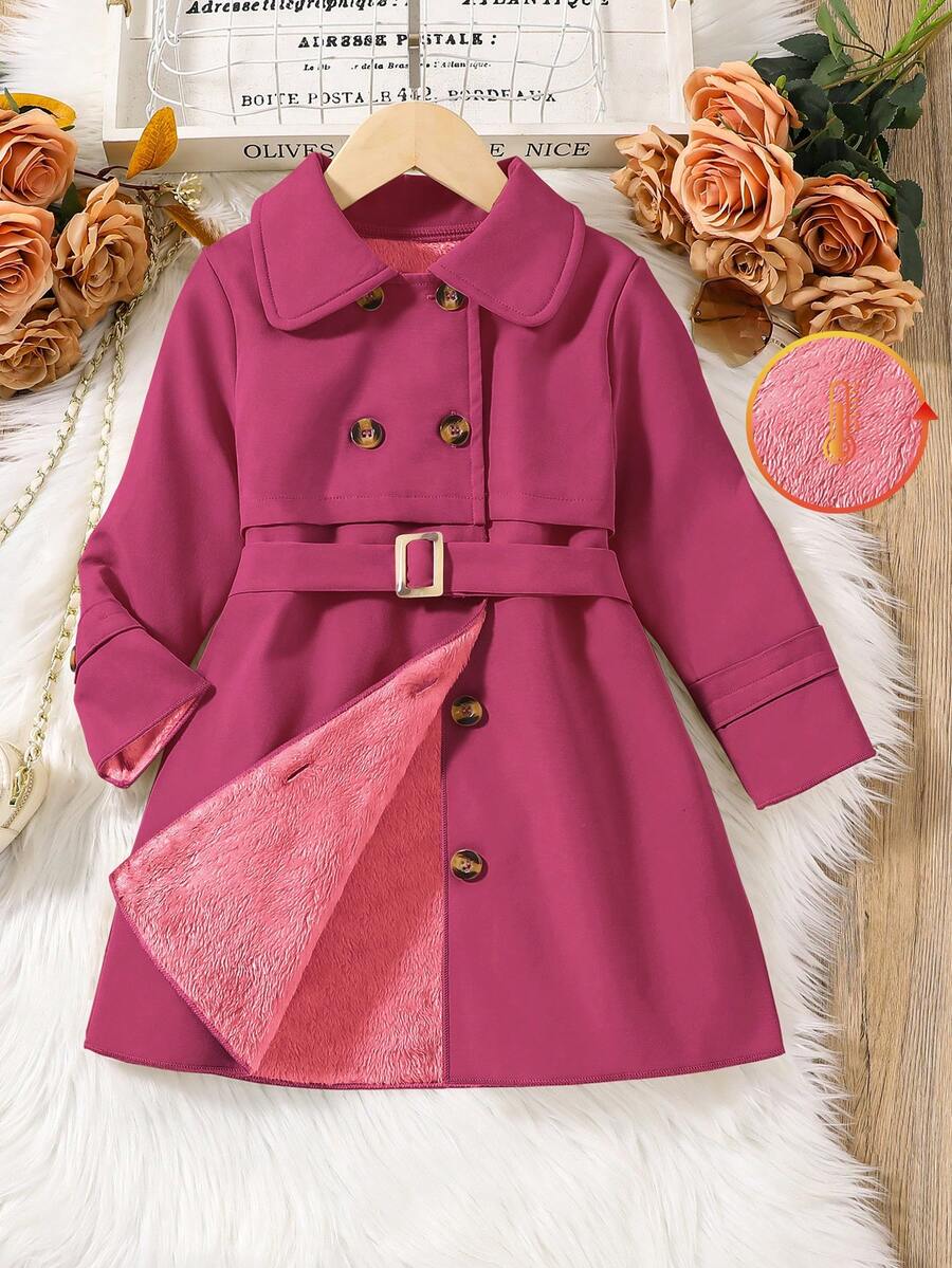 女童简约双排扣中长款风衣，配腰带，春秋季时尚外套，适合小女孩穿着，彼得潘领优雅抓绒夹克外套，适合女孩秋冬季穿着。 - 玫紅色 - 查看 1