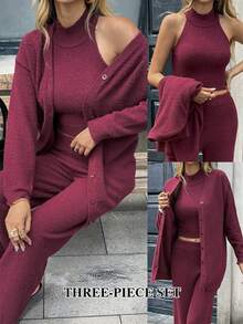 Chiquease 3 Stücke Damen Lässig einfarbiger Cardigan, Stehkragen Pullover und Hose Set, Herbst/Winter - Bordeaux - Übersicht 1
