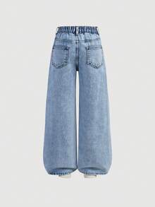 SHEIN Explorewe Tween Girls Y2K 时尚水洗蓝色水钻樱桃图案牛仔裤，阔腿休闲牛仔裤，适合城市漫步、日常时尚、OOTD、外出、上学、通勤、派对，2025 年秋季新品 - 中等水洗藍 - 查看 2