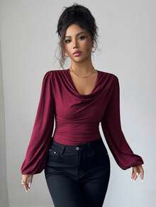 Selianne Women's Elegant Burgundy Ruched Collar Design Puff Sleeve Long Sleeve Ruched Patchwork Fitted T-Shirt, Spring/Autumn - Burgundy - View 4