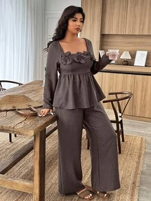 Weeklong 2pcs Plus Size Square Neck Ruffle Hem Floral Decor Top And Pants Set - Brown - View 3