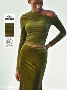 Maija Women's Solid Color Oblique Shoulder Long Sleeve Ruched Fitted Fashion T-Shirt - Olive Green - View 1