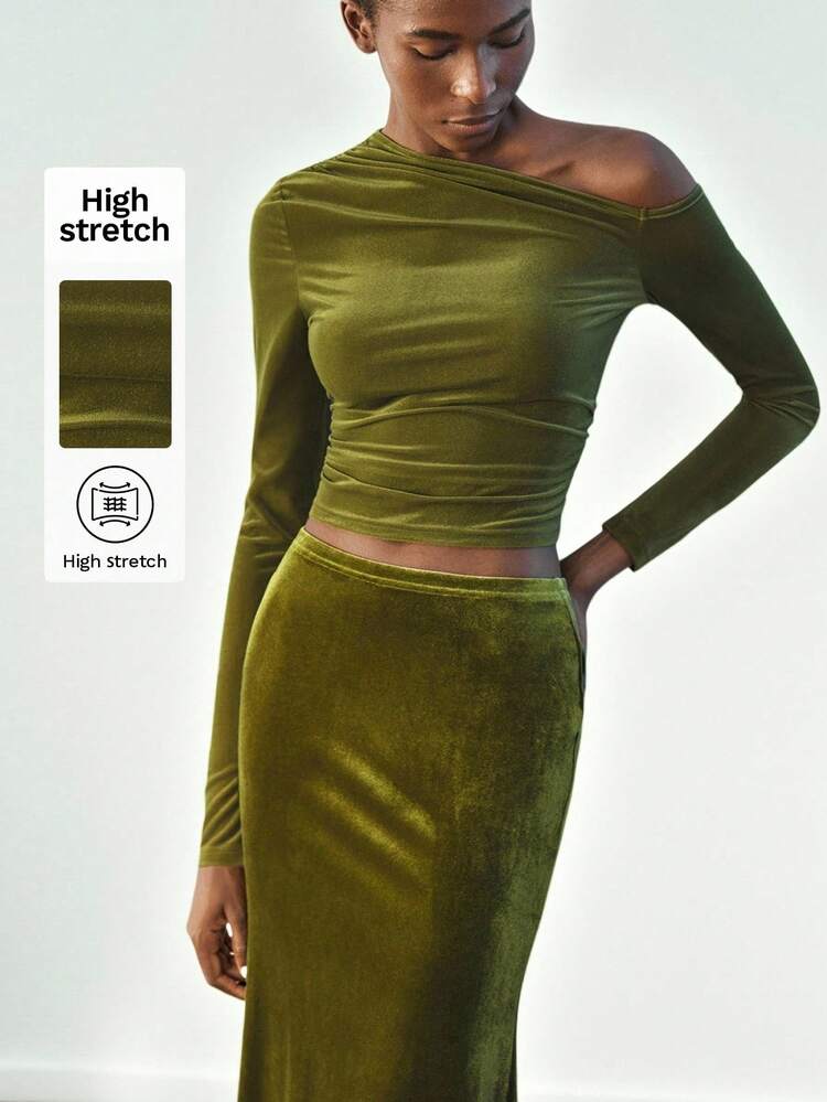 SHEIN Maija Women's Solid Color Oblique Shoulder Long Sleeve Ruched Fitted Fashion T-Shirt