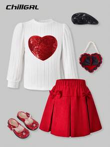 SHEIN Explorewe ChillGRL 2-Piece Girls Winter Birthday Outfit,4-7Y Knit Fuzzy Ribbed Sequin Heart Puff Sleeve T-Shirt & Woven Corduroy Bow Mini Skirt Sweet Casual Set - Red - View 5