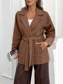EURMUSE Women's Solid Belted Short Good Quality Elegant Wool Coat - Brown - View 6