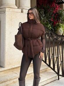 Siren Gaze 女士休闲日常通勤简约纯色高领系带羽绒服，冬季巧克力棕色上衣，深棕色上衣，咖啡棕色上衣 - 棕色 - 查看 6