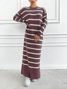 EURMUSE Striped Color Block Loose Knit Sweater Dress - Dusty Pink - View 5