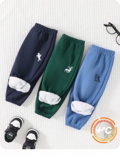 SHEIN 3pcs/Set Baby Boy Cute Solid Color Thick Fleece Lined Cartoon Dinosaur Pattern Elastic Waist Pants, Basic Long Pants Multi-Pack, Suitable For Autumn/Winter Outdoor, Skiing