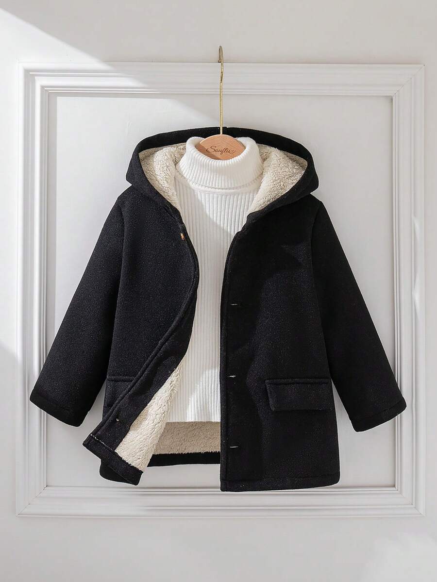 Souflis Souflis Abrigo con capucha negro para niños de 4 a 7 años, diseño de bolsillo falso de solapa única vintage, forro térmico para mantener el calor, chaqueta larga de invierno para niños duradera y de moda - Negro - Ver 1