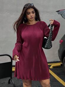SHEIN EZwear 大码女式纯色圆领长袖休闲短款连衣裙 - 酒紅色 - 查看 4