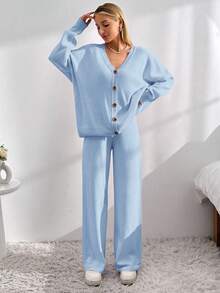 EURMUSE Drop Shoulder Cardigan & Tie Front Knit Pants - Baby Blue - View 4
